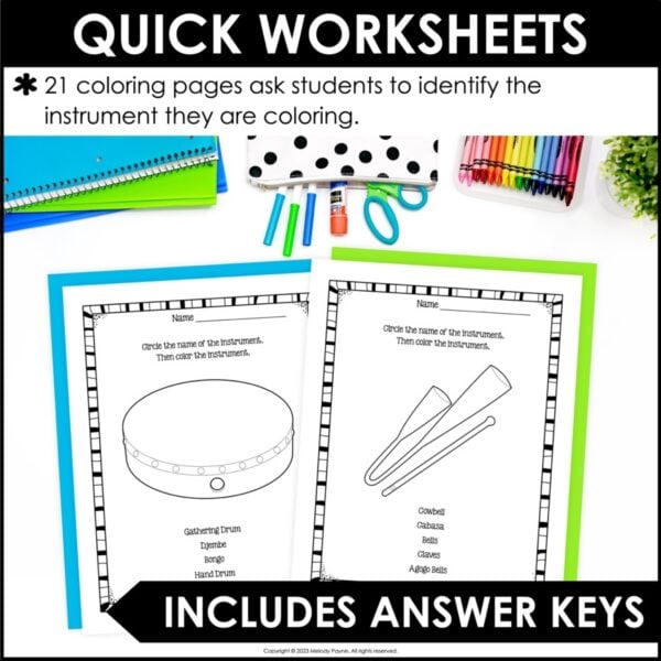 Classroom Percussion Instruments Music Coloring Pages and Worksheets for Elementary Music