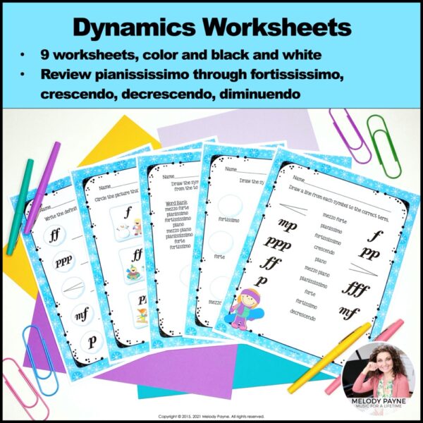 Dynamics Worksheets, Posters, & Flashcards for Music Students - Winter Theme