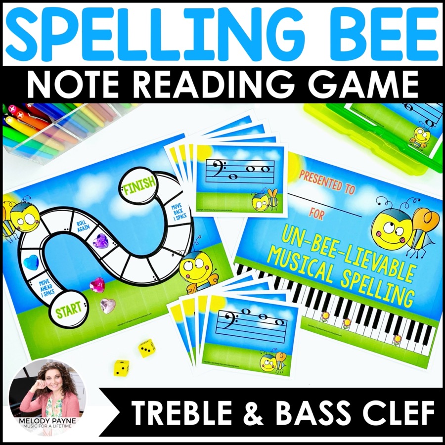 Music Spelling Bee Treble and Bass Clef Note Reading Game