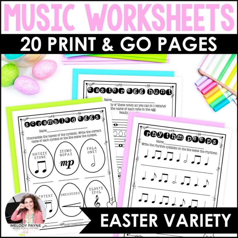 20 Easter Music Worksheets for Elementary Piano Students - Notes, Rhythms, Music Symbols Easter activity pages for music students