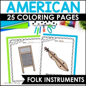 American Folk Instruments Coloring Pages for Elementary Music Class