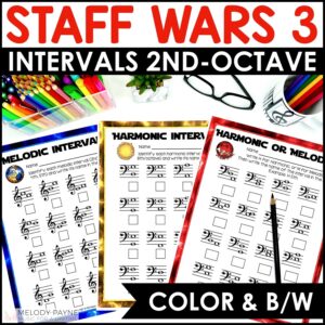 Music Intervals Worksheets for Piano Lessons & Music Class – Staff Wars Space-Themed Pages