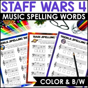 Music Spelling Bee Worksheets: Staff Wars Space-Themed Treble & Bass Clef Pages