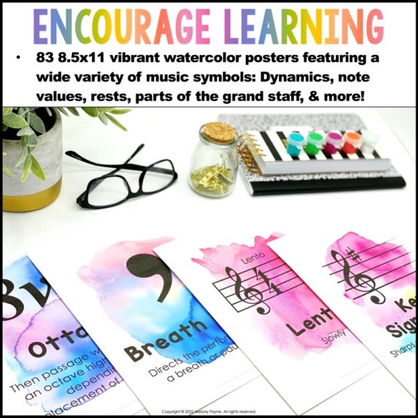 Music Symbols, Terms, Definitions Posters - Watercolor Music Classroom Decor