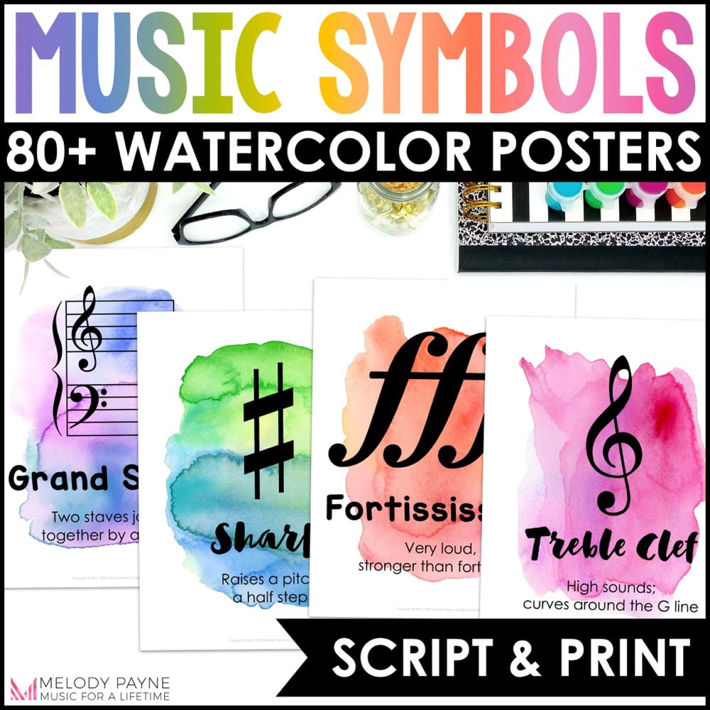 Music Symbols, Terms, Definitions Posters - Watercolor Music Classroom Decor