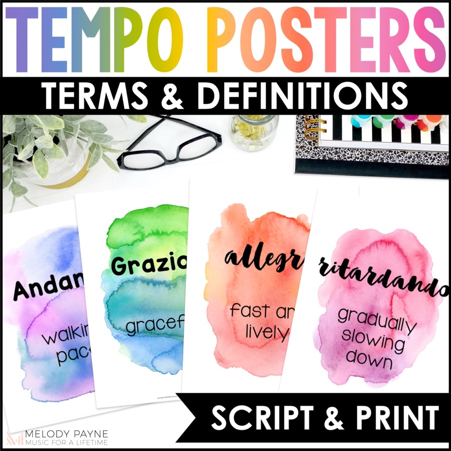 Tempo Posters - 35 Tempo Terms and Definitions - Watercolor Music Classroom Decor in Rainbow Colors