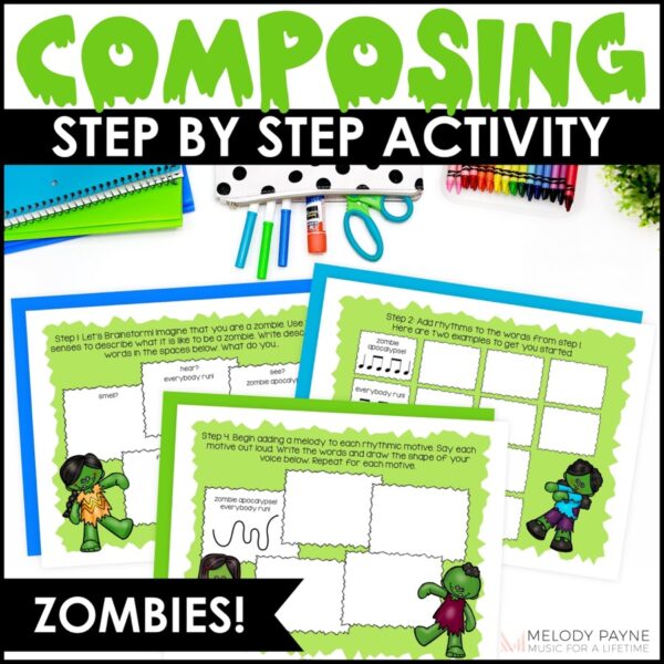 Zombie Composing Guided Music Composition Activity and Worksheets for Piano Lessons and Elementary Music Class