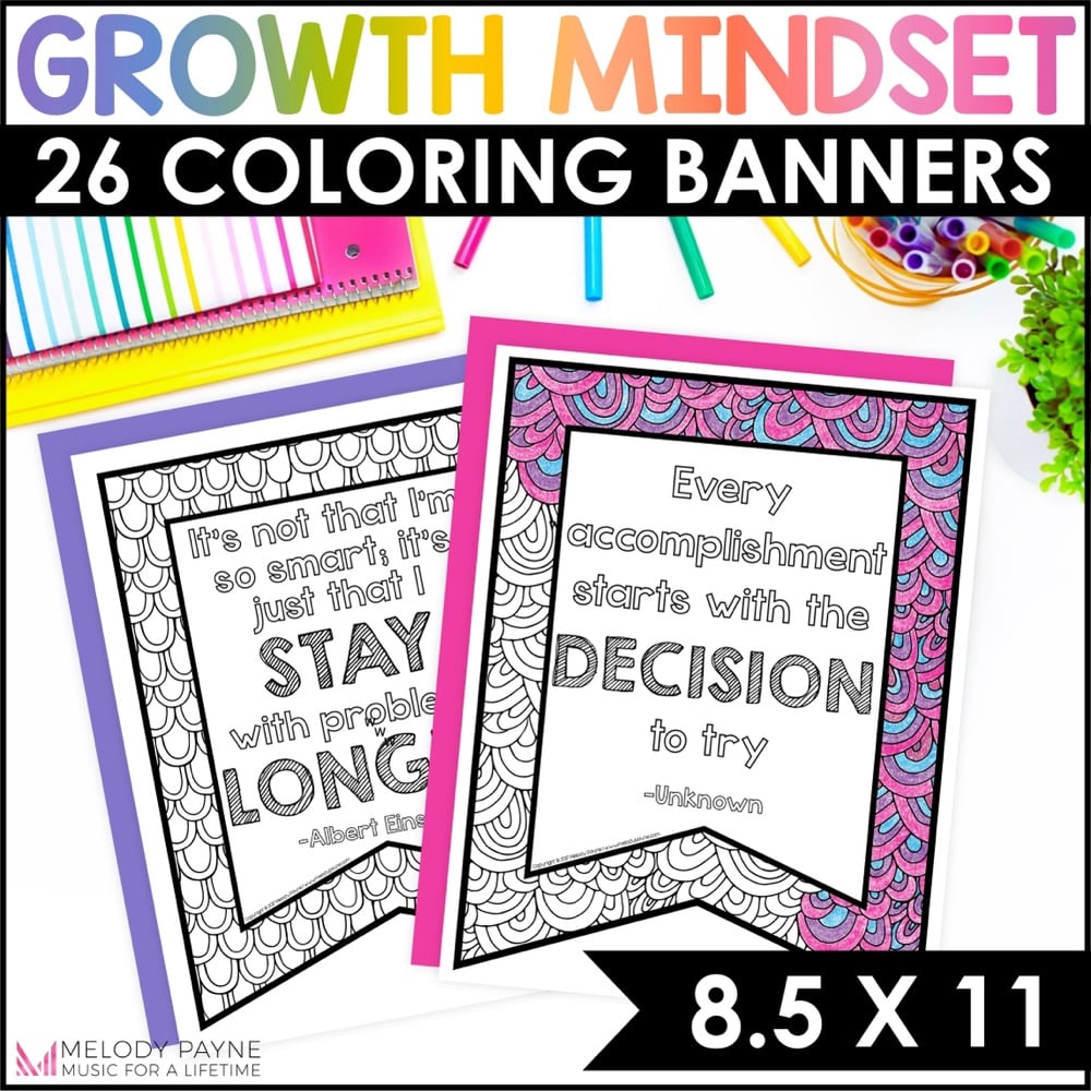 Inspirational Growth Mindset Coloring Banners - Bulletin Board Classroom Decor