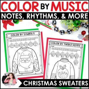 Color by Music Ugly Christmas Sweaters - Notes, Symbols, Rhythms, Dynamics