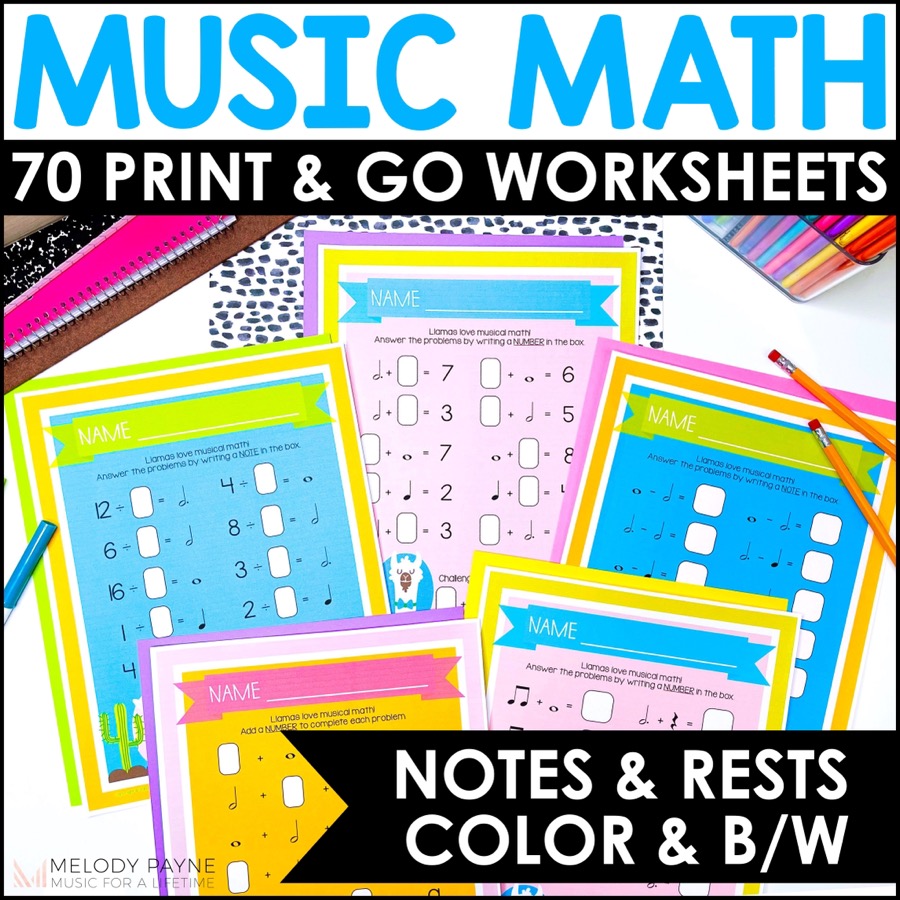 Music Math Rhythm Worksheets with Llamas MEGA Set Add, Subtract, Multiply, and Divide Note and Rest Values