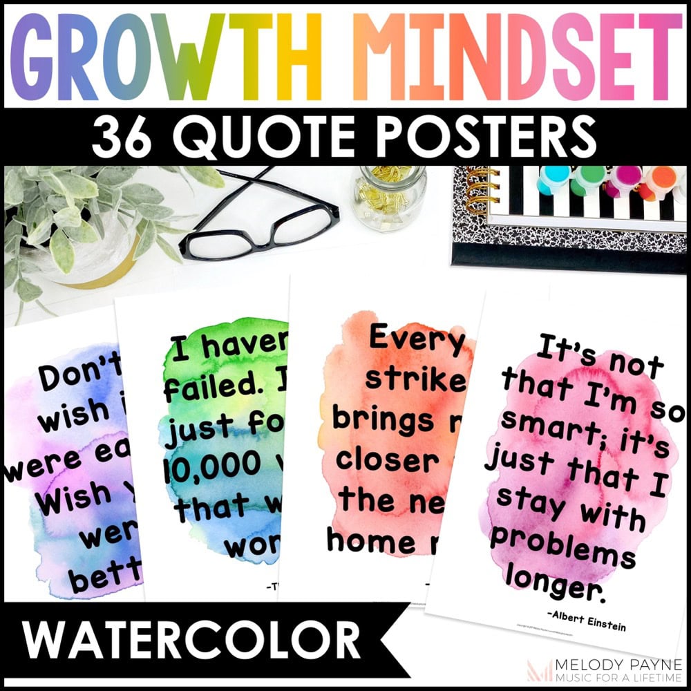 36 Growth Mindset Posters - Watercolor Classroom Decor in Print Font