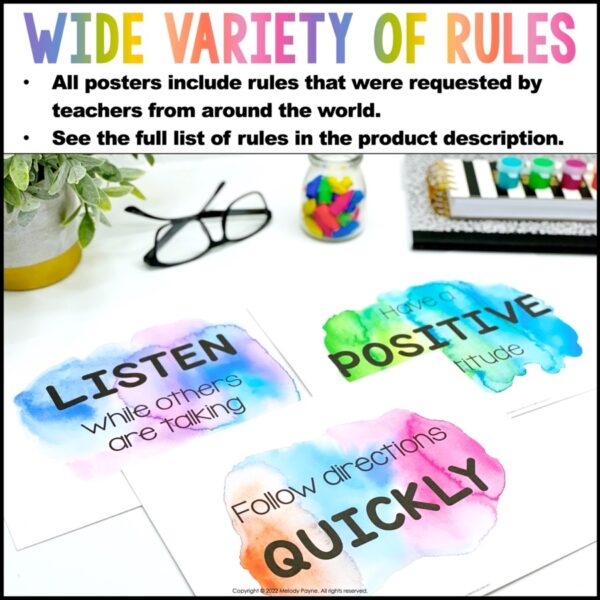 Watercolor Classroom Rules Posters: Script AND Print Fonts