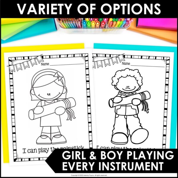 Musical Instrument Coloring Sheets with Kids in Music Class - "I Can Play!"