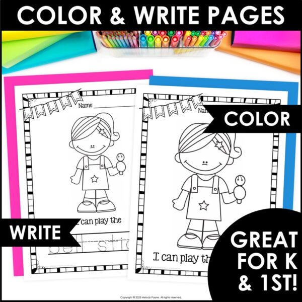 Musical Instrument Coloring Sheets with Kids in Music Class - "I Can Play!"