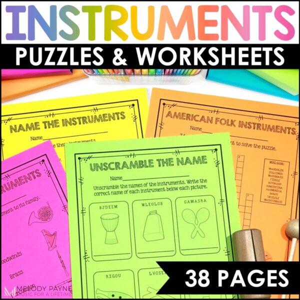 Musical Instrument Worksheets and Crossword Puzzles for elementary music classroom