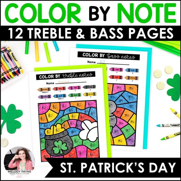 12 St. Patrick's Day Music Coloring Pages - Treble and Bass Clef Color by Note