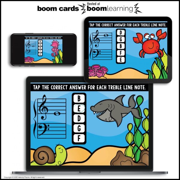 BOOM Cards: Treble Clef Line Notes 100 Note Challenge! by Melody Payne
