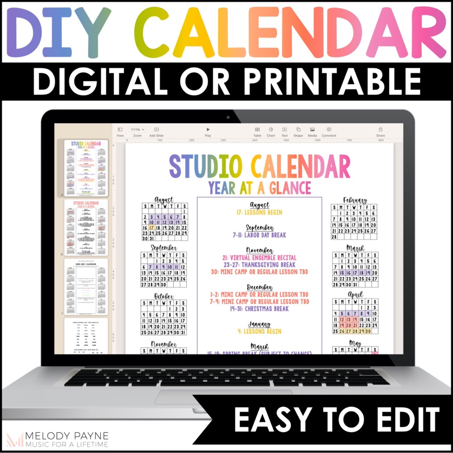 Year at a Glance Single Page Calendar Editable for Teachers