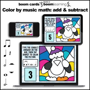 Music BOOM™ Cards for Piano Lessons – Color by Music Math Winter Penguin