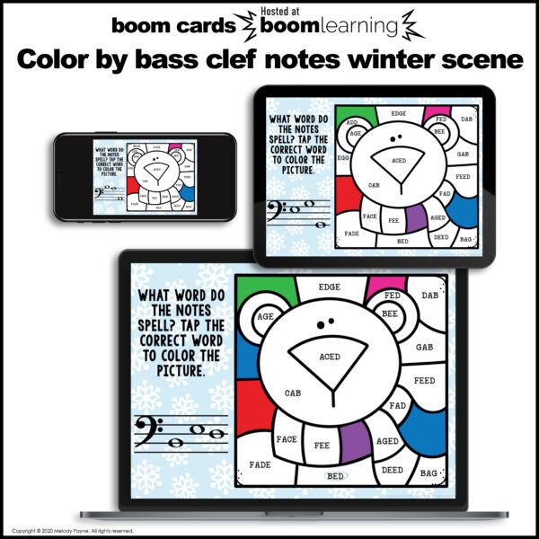 Music BOOM™ Cards Color by Bass Clef Notes Winter Scene