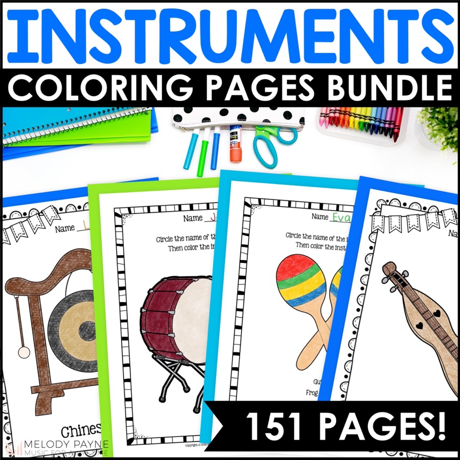 151 Musical Instruments Coloring Sheets & Worksheets BUNDLE for Elementary Music Class - Orchestra, Classroom Percussion, American Folk, China, Africa