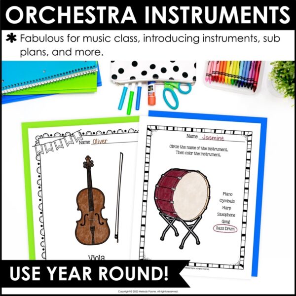 151 Musical Instruments Coloring Sheets & Worksheets BUNDLE - Orchestra Instruments