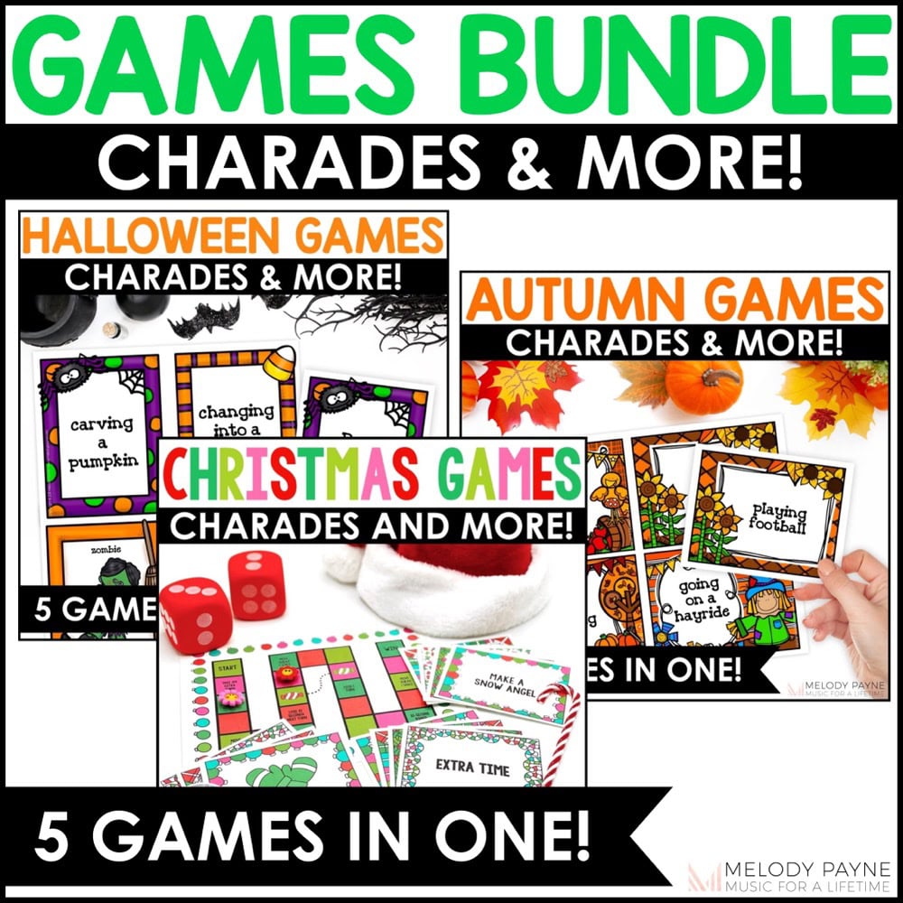 Charades & Games Bundle - Halloween, Fall, Christmas - 5 Fun Games in Each Set! Perfect for class holiday parties and more!