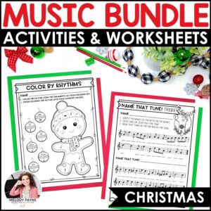 Christmas Music Worksheets BUNDLE for Piano Lessons & Music Class – Coloring, Note Naming, Rhythm, & More