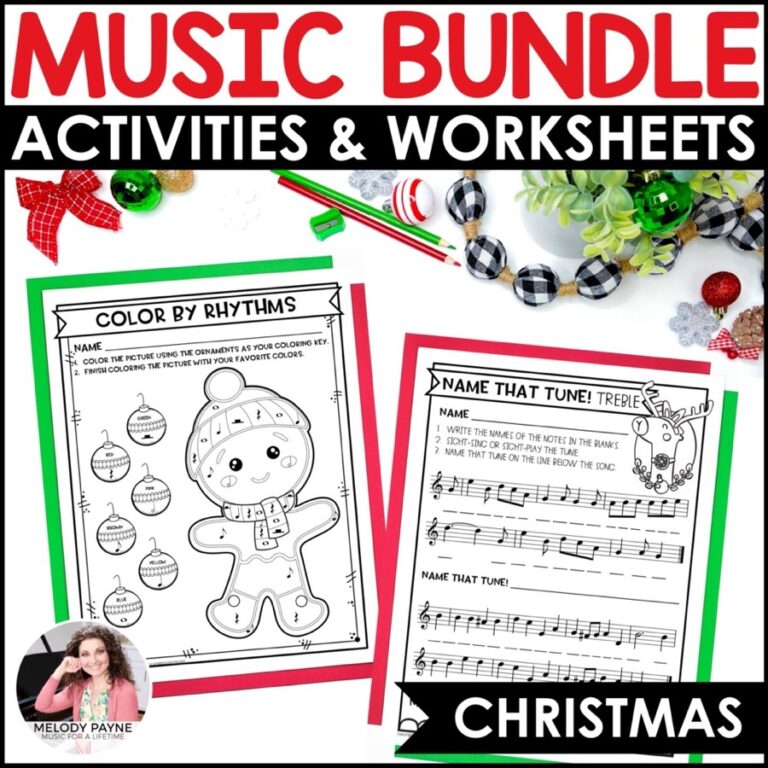 Christmas Music Worksheets BUNDLE for Piano Lessons & Music Class Coloring, Note Naming, Rhythm