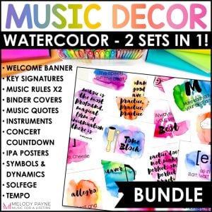 Rainbow Watercolor Music Classroom Decor BUNDLE – Posters, Symbols, Instruments, Rules, & More!