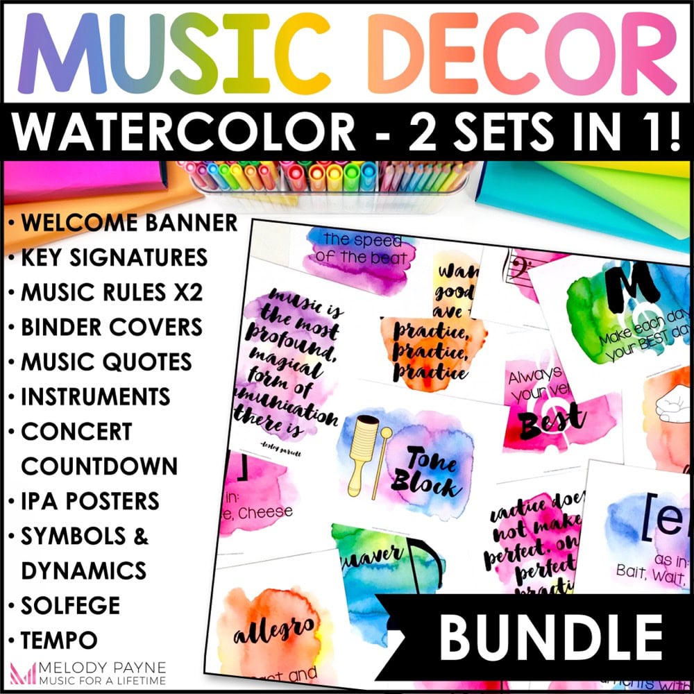 Rainbow Watercolor Music Classroom Decor BUNDLE - Posters, Symbols, Instruments, Rules, & More!