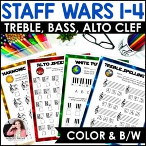 Staff Wars Space-Themed Music Worksheets BUNDLE for Piano Lessons & Music Class