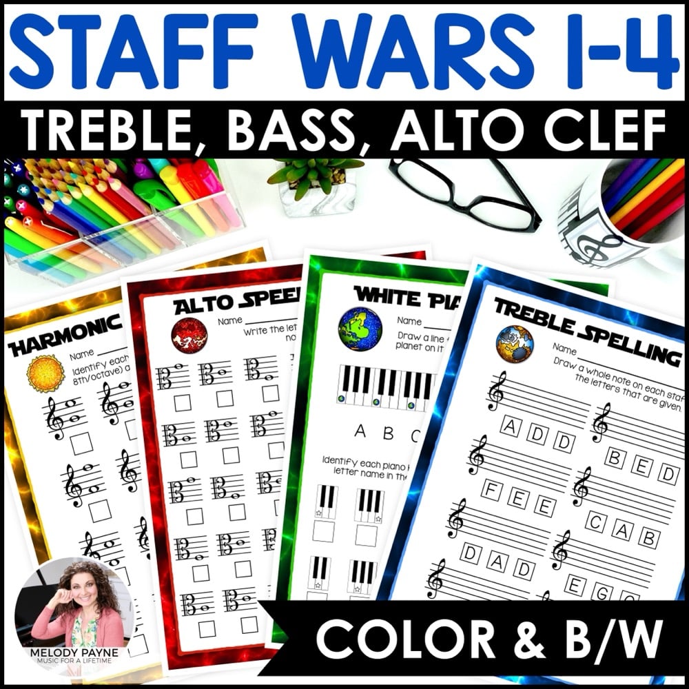 Staff Wars Space-Themed Music Worksheets BUNDLE for Piano Lessons & Music Class