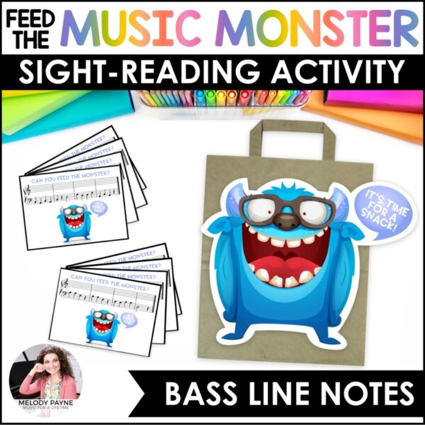Feed the Music Monster Printable Sight-Reading and Ear Training Game - Bass Clef Line Notes GBDFA