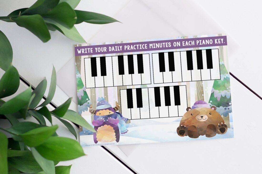 Practice challenge chart with piano keys, yeti, and bear