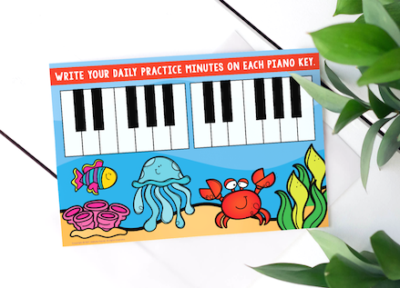 Summer Vibes Piano Practice Challenge Charts with piano keys, crab, jellyfish, coral, fish, seaweed