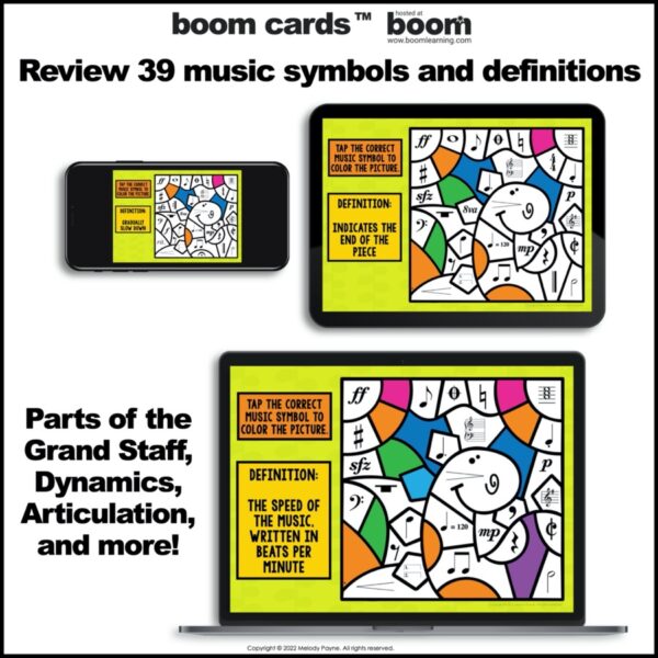 Music Boom Cards™ Color by Music Symbols and Definitions Dinosaur Scene
