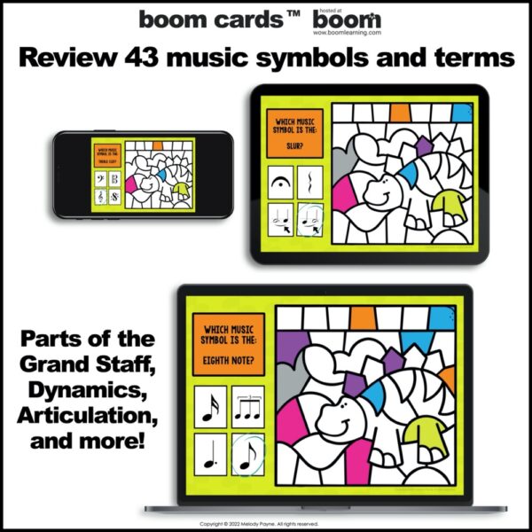 Music Boom Cards™ Color by Music Symbols and Terms Dinosaur Scene
