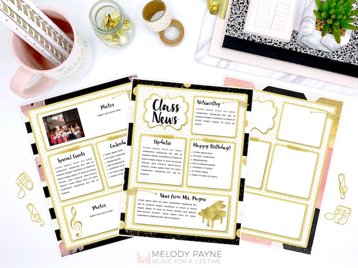 3 Spectacular Piano Newsletter Templates That Will Set Your Studio Apart Chic, Glam, Gold, Glitter Music Templates