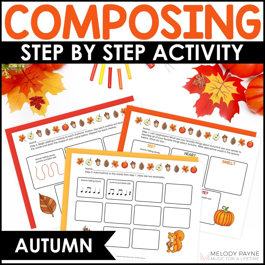 Autumn Composing Guided Music Composition Activity and Worksheets for Piano Lessons and Elementary Music Class