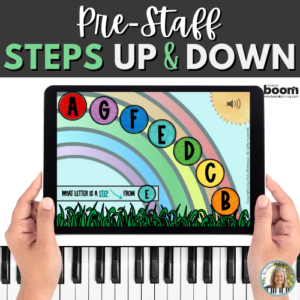 Pre-staff musical alphabet skips up and down BOOM Cards activity