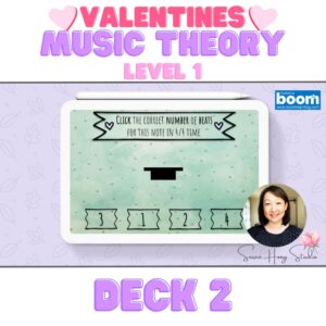 Valentine's Day-themed Music Theory Level 1 Boom cards are the perfect activities for your private piano or group piano classes. Deck 2 contains 25 boom cards, an ideal number of cards to play for 5 to 10 min activities. Gamification is a way to make learning fun!