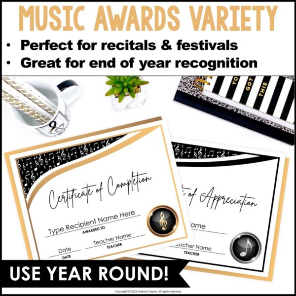 Printable Editable Music Awards Certificates for Piano and Music Class