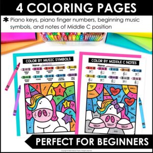 Unicorns Beginning Piano Coloring Pages for First Piano Lessons