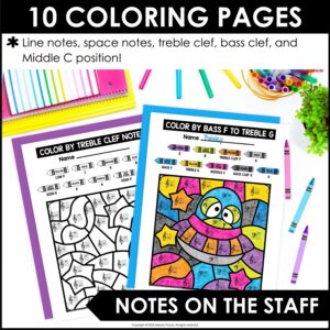 Outer Space Color by Note Pages for Piano and Elementary Music – Treble & Bass