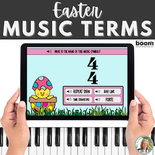 Easter-themed beginning music terms and symbols digital Boom Cards activity for elementary piano lessons