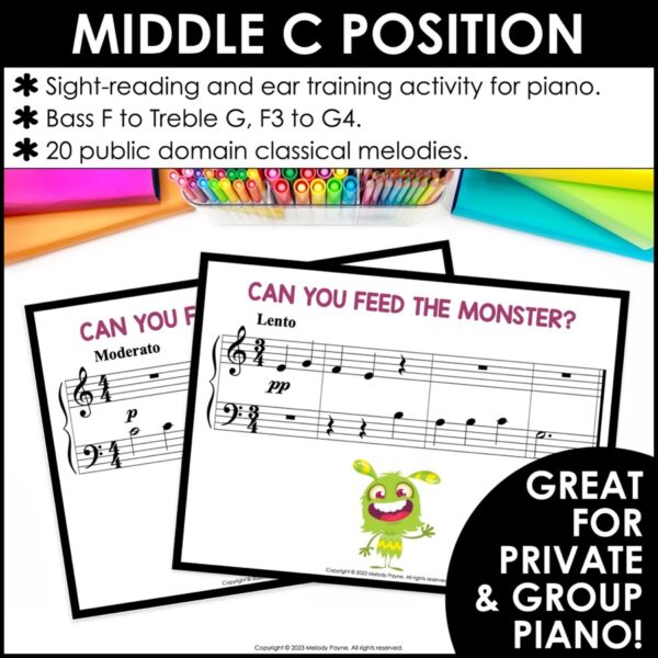 Middle C Position Game - Feed the Music Monster Sight-Reading & Ear Training Game for Private and Group Piano Lessons