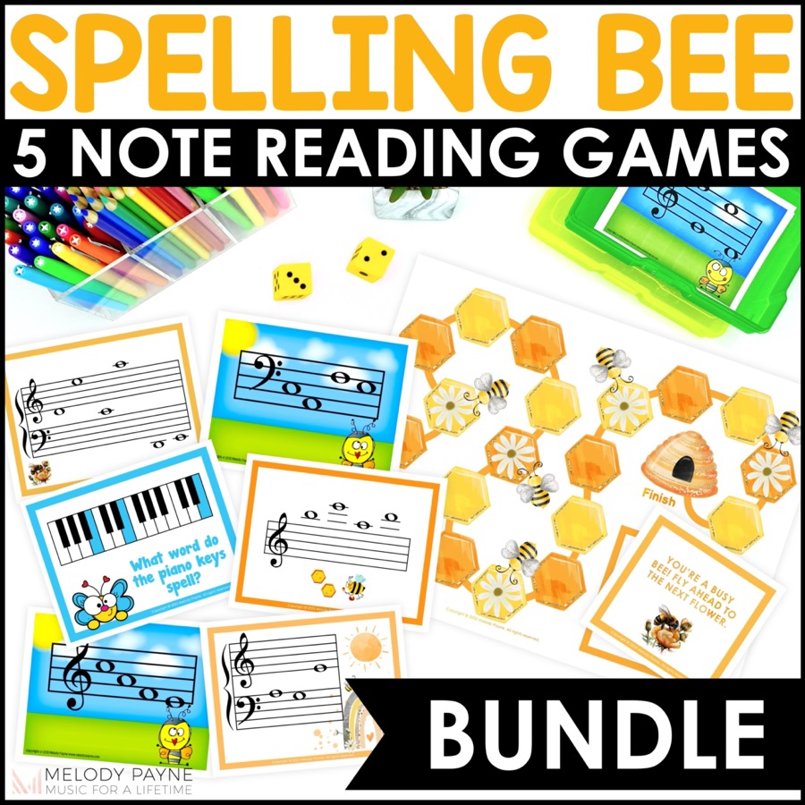 Music Games and Activities for Treble Clef and Bass Clef - Music Spelling Bee Words Bundle
