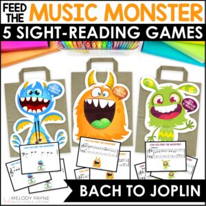 Bundle of 5 Sight-Reading Games Plus Ear Training - Feed the Music Monster Classical Favorites games for piano lessons