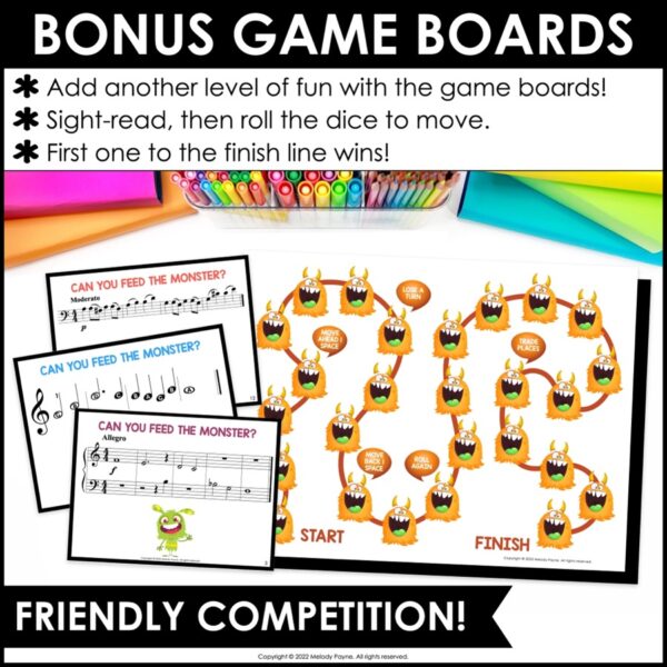Bundle of 5 Sight-Reading Games Plus Ear Training - Feed the Music Monster Classical Favorites games for piano students